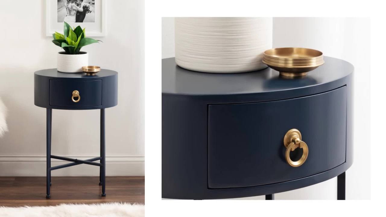 thumbnail video image 2 of Kate and Laurel Decklyn Decorative Glam Oval Side Table, 16 x 12 x 24, White and Gold, Modern Round Living Room Table with Pull Drawer for Useful Storage, 2 of 9