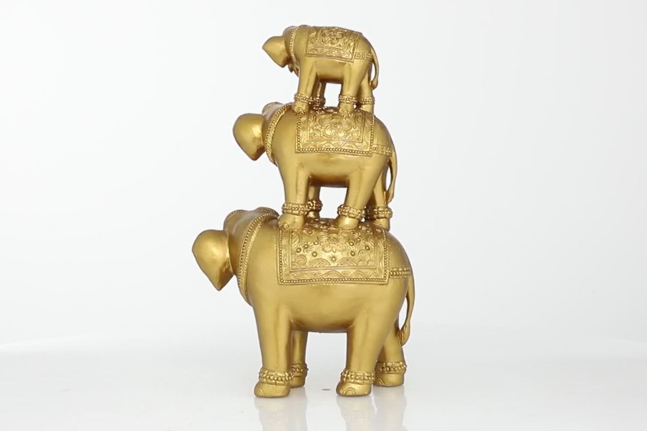 thumbnail video image 2 of 11" x 18" Gold Polystone Stacked Elephant Sculpture, by DecMode, 2 of 12