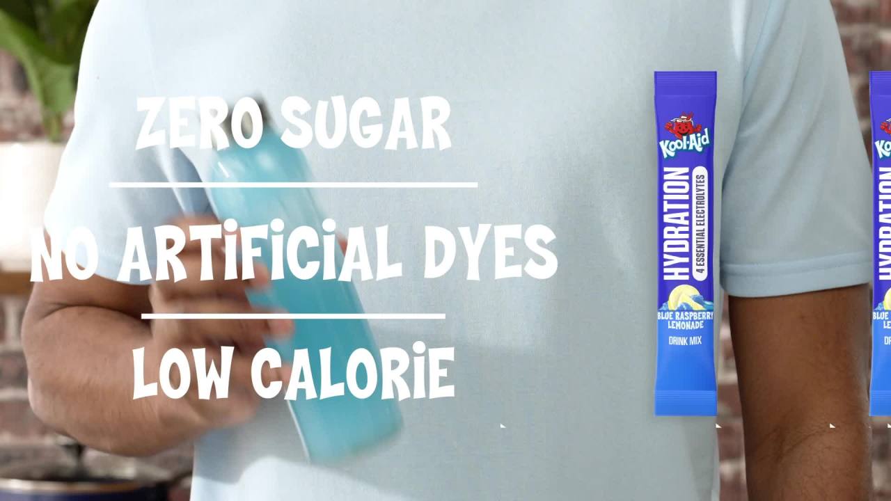 thumbnail video image 2 of Kool-Aid Hydration Electrolyte Powder Drink Mix, 6 On-the-Go-Packets, for Easy and Flavorful Hydration, Blue Raspberry Lemonade Artificial Flavor, Zero Sugar, No Artificial Dyes, 1.32 oz Box, 2 of 17