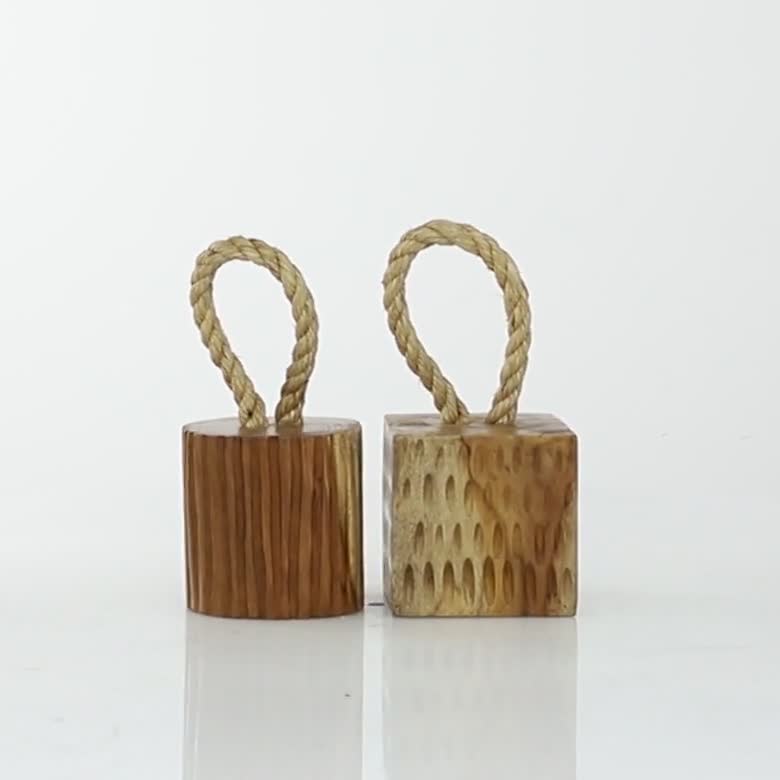 thumbnail video image 2 of 5"W, 10"H Brown Teak Wood Handmade Door Stopper Geometric Sculpture with Rope Accent, by DecMode (2 Count), 2 of 11