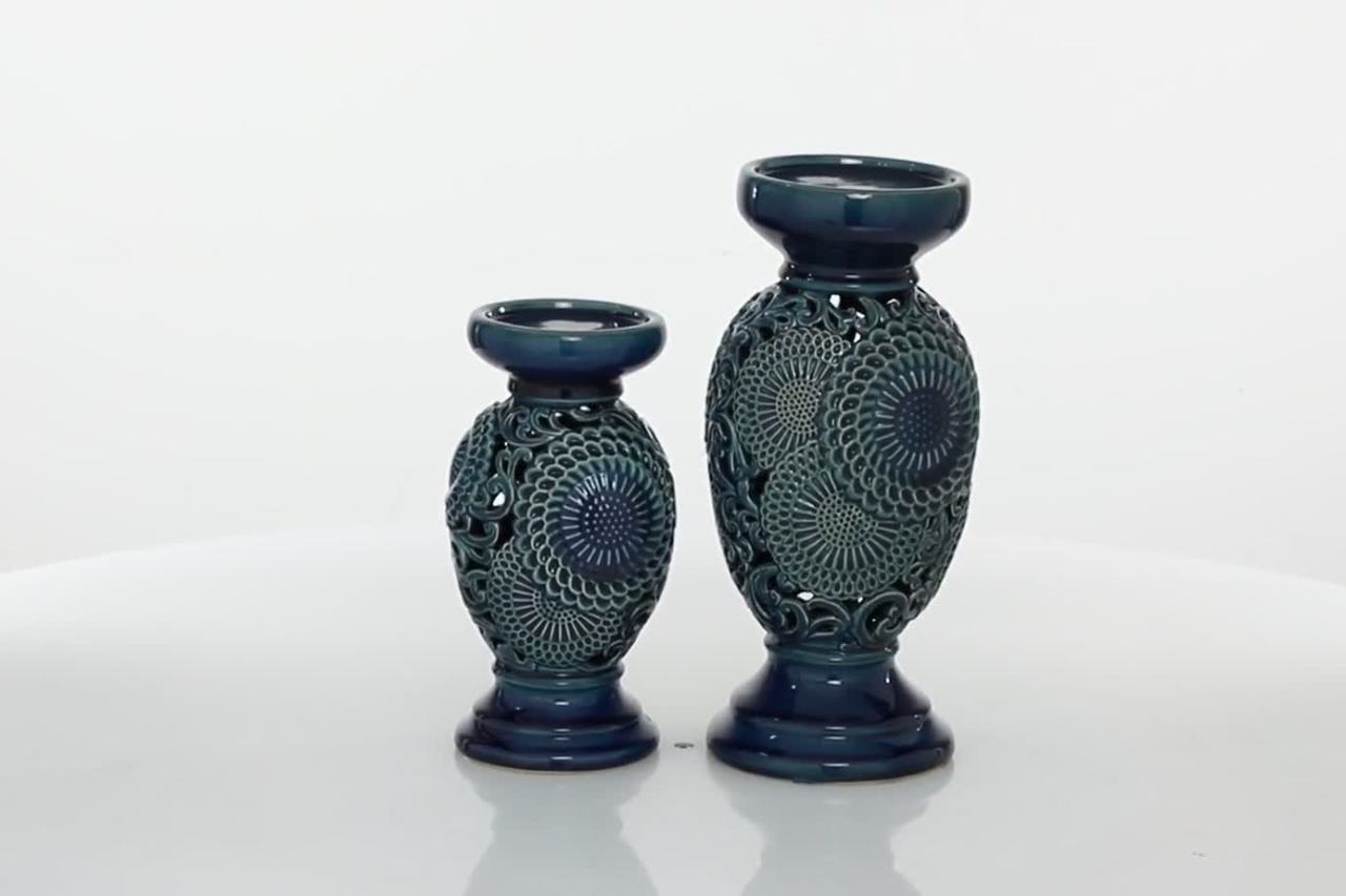 thumbnail video image 2 of DecMode Eclectic Ceramic Pillar Candle Holder with Medallion Patterns and Glossy Blue Finish, Set of 2 13", 10" H, 2 of 8