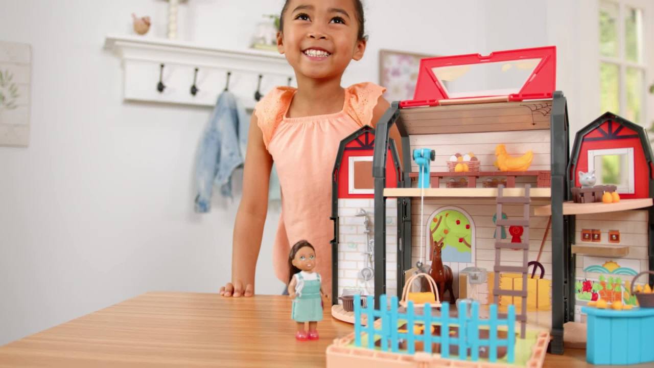 thumbnail video image 2 of KidKraft Tote-ables™ Portable Barn Dollhouse with Doll Included, Storage, 30 Accessories, 2 of 12