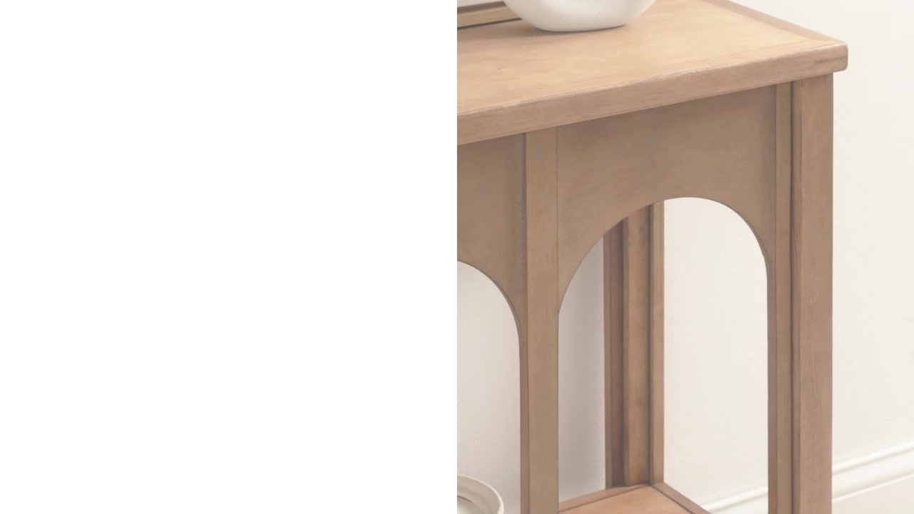 thumbnail video image 2 of Kate and Laurel Ulla Modern Tiered Rectangle Console Table, 36 x 13 x 30, Rustic Brown, Transitional Two-Tier Wood Arched Entryway Table with Storage for Behind Couch Home Decor Option, 2 of 10