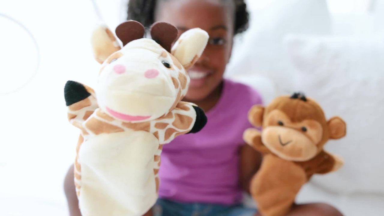 thumbnail video image 2 of Melissa & Doug Animal Hand Puppets 2-Pack (4 animals in each) - Zoo Friends and Farm Friends, 2 of 10