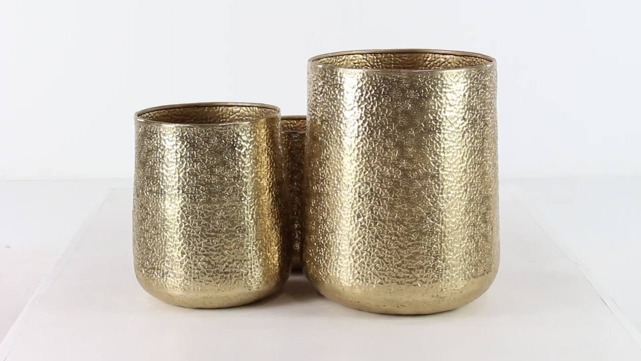 thumbnail video image 2 of DecMode 20", 15", 13"H Gold Aluminum Metal Planter with Hammered Design (3 Count), 2 of 10
