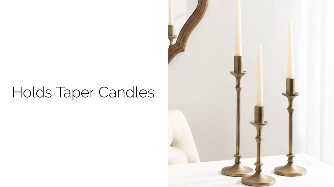 thumbnail video image 2 of Kate and Laurel Lahari Vintage Three-Piece Taper Candle Holder Set, Set of 3, Black, Cast Aluminum Metal Candlestick Holders for Dining Table or Fireplace Mantel Display, 2 of 9