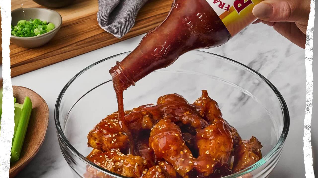 thumbnail video image 2 of (2 pack) Frank's RedHot General Tso Wings Sauce, 12.0 fl oz Bottle, 2 of 25