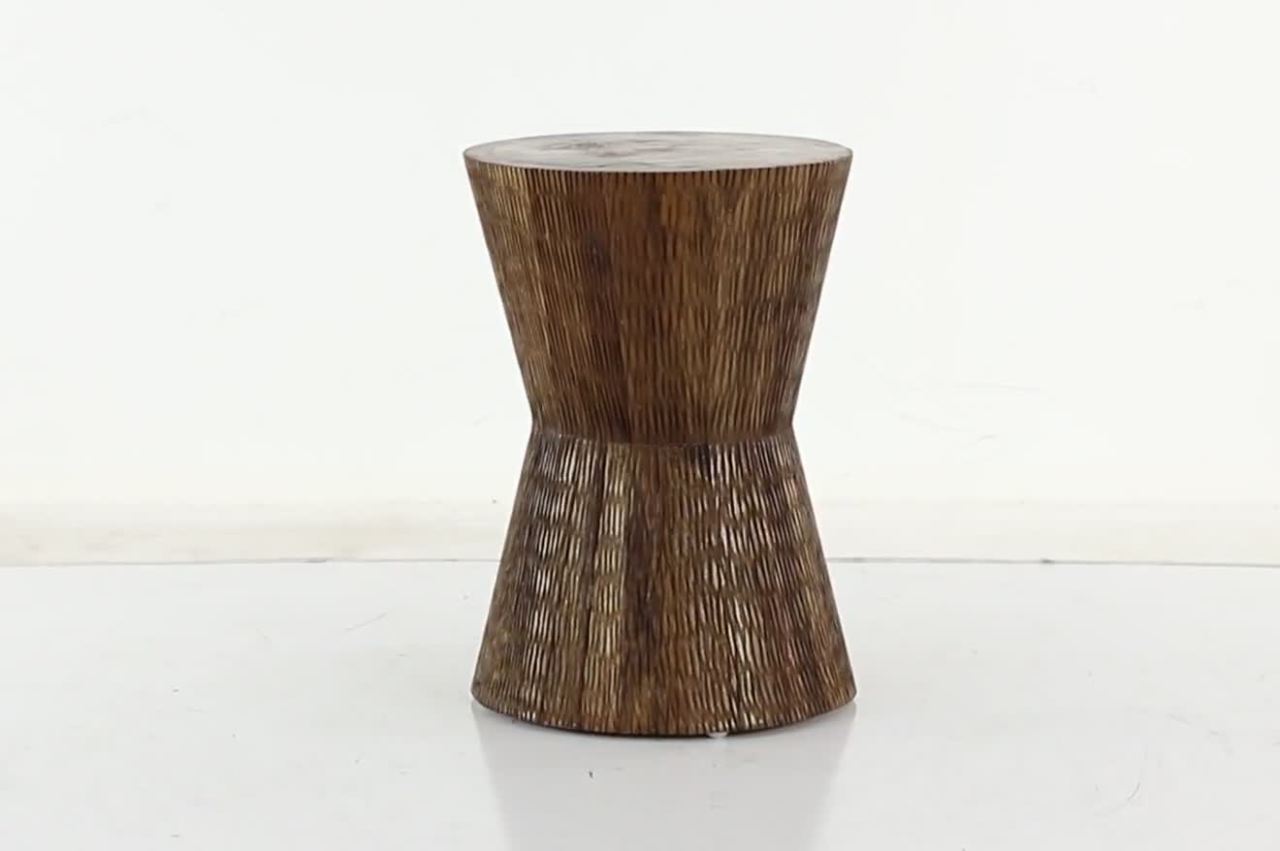 thumbnail video image 2 of DecMode 13" x 18" Brown Teak Wood Handmade Intricately Carved Drum Accent Table, 1-Piece, 2 of 9