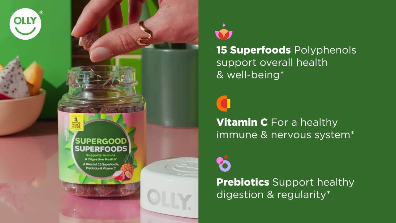 thumbnail video image 2 of OLLY Supergood Superfoods Gummy Supplement, 15 Superfoods, Prebiotics, Vitamin C, Tropical, 60 Count, 2 of 15