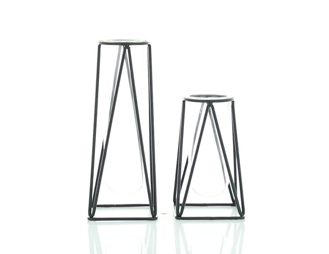 thumbnail video image 2 of DecMode 13", 9"H Geometric Tube Black Glass Vase with Metal Stand, Set of 2, 2 of 11