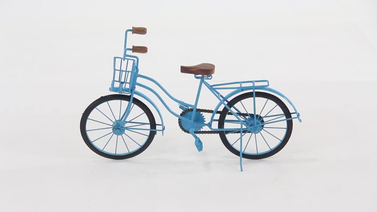 thumbnail video image 2 of DecMode Iron Vintage Inspired Bicycle Table Décor with Handles 18"W x 11"H, Bright Blue and Warm Brown Seat Finish, 2 of 10
