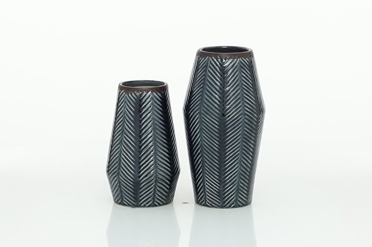 thumbnail video image 2 of DecMode 11", 8"H Handmade Chevron Dark Blue Ceramic Vase, Set of 2, 2 of 9