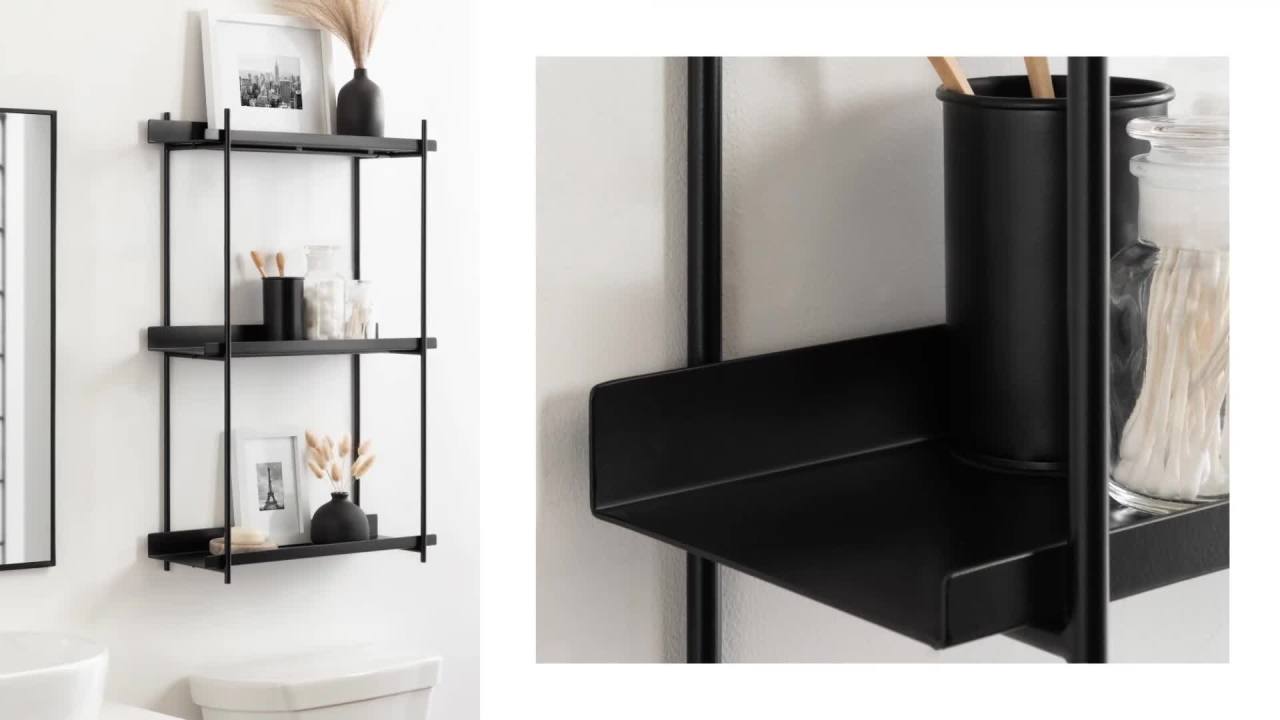 thumbnail video image 2 of Kate and Laurel Dominic Modern Metal Bathroom Shelf, 20 x 7 x 30, White, Contemporary Sleek 3-Tier Floating Shelves for Wall Decor, Display, and Over Toilet Storage, 2 of 10