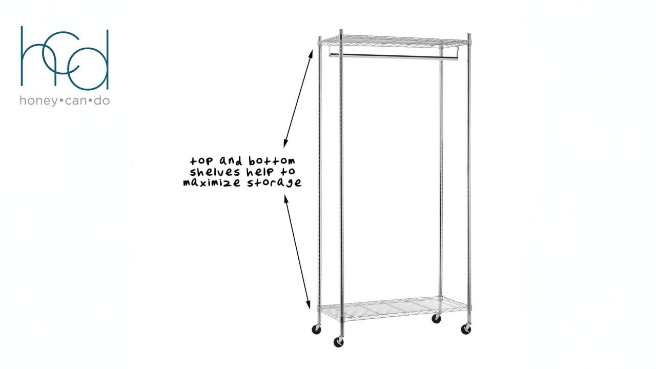 thumbnail video image 2 of Honey-Can-Do Steel Heavy Duty 225 lbs. Capacity Rolling Clothes Rack with 2 Shelves, Chrome, 2 of 3
