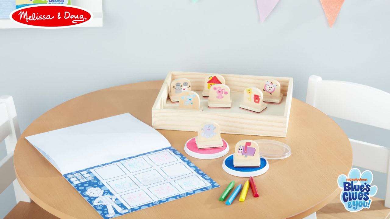 thumbnail video image 2 of Melissa & Doug Blue's Clues & You! Wooden Handle Stamps and Activity Pad (15 Pieces), 2 of 10