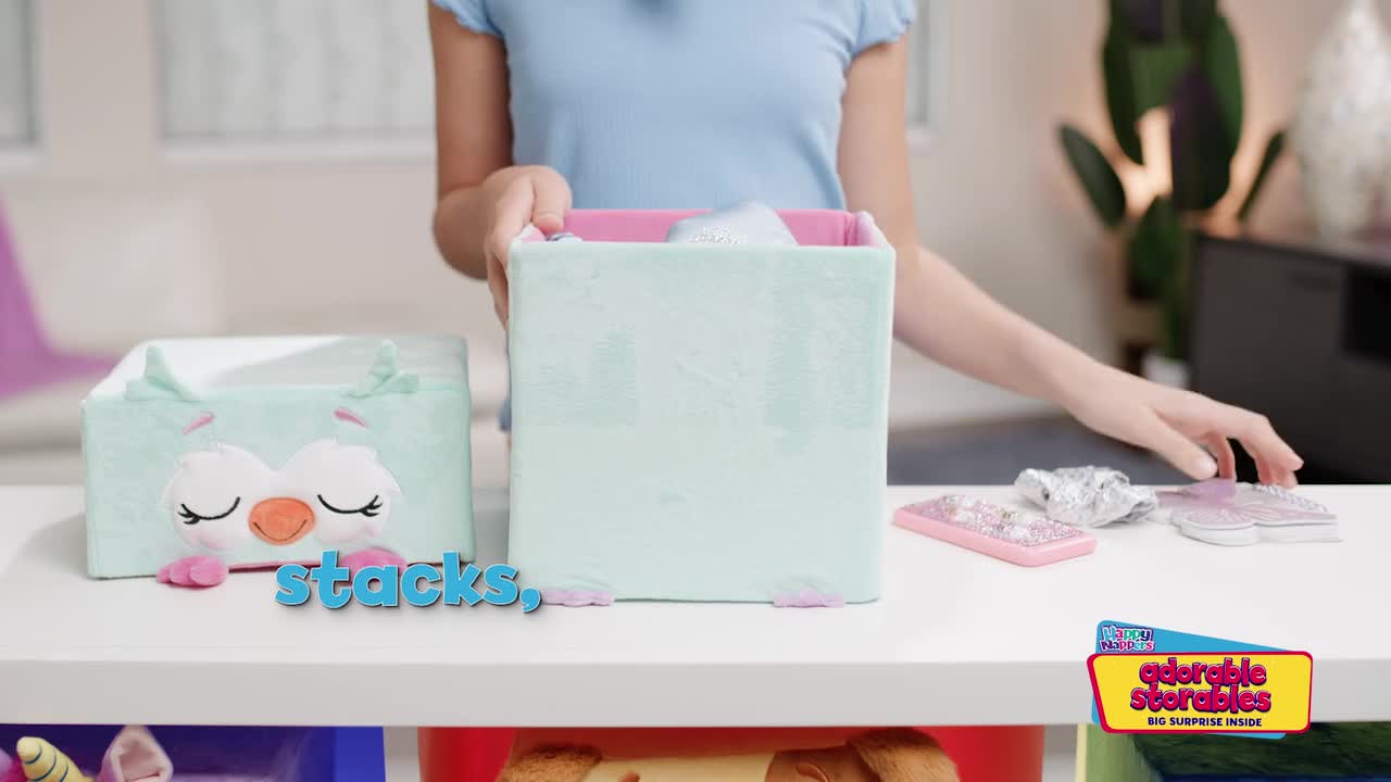 thumbnail video image 2 of Happy Nappers: Adorable Storables - Owl - Teal & Pink - 8” Character Box & Surprise 8” Plush Toy w/ Weighted Paws, Square Storage Bin, Kids Age 1+, 2 of 8