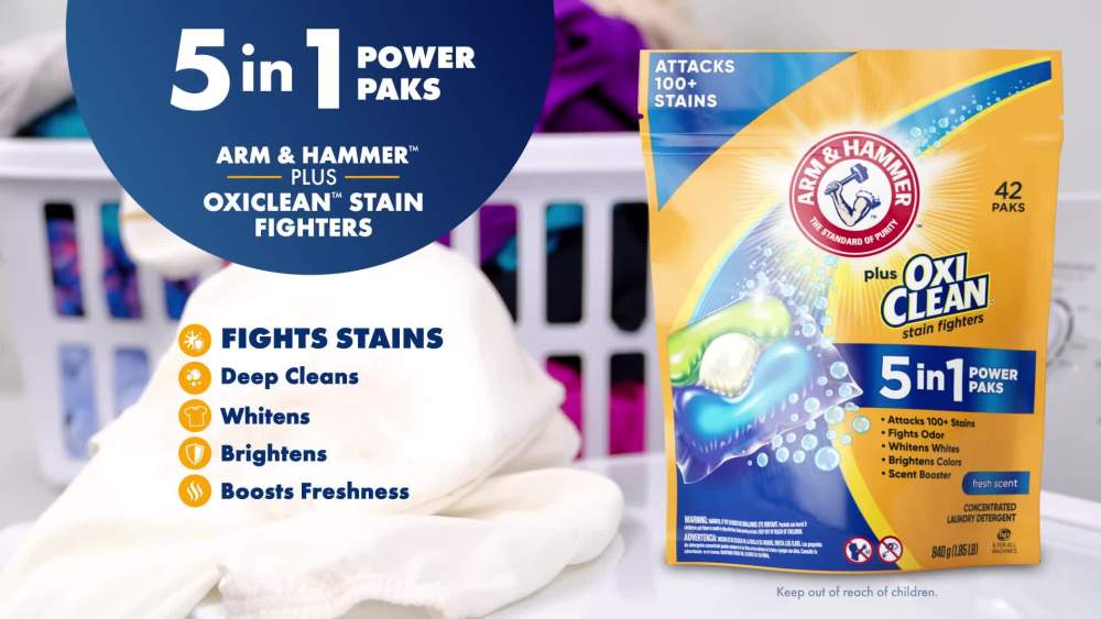 thumbnail video image 2 of ARM & HAMMER Plus OxiClean Stain Fighters: 5-in-1 Laundry Detergent Power Paks, Fresh Scent, 72 Count, 2 of 13