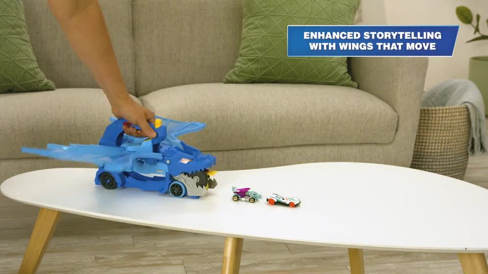 thumbnail video image 3 of Hot Wheels City Hot Wheels Ultimate Dual Dragon Transporter & 2 1:64 Scale Toy Cars, 3 of 8