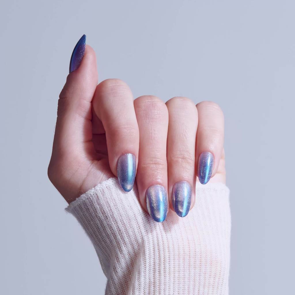 thumbnail video image 2 of Kiss Glam Embellished Press On Nails Almond, ‘Glow Forever’, Blue, Medium Length, 32 Count, 2 of 15