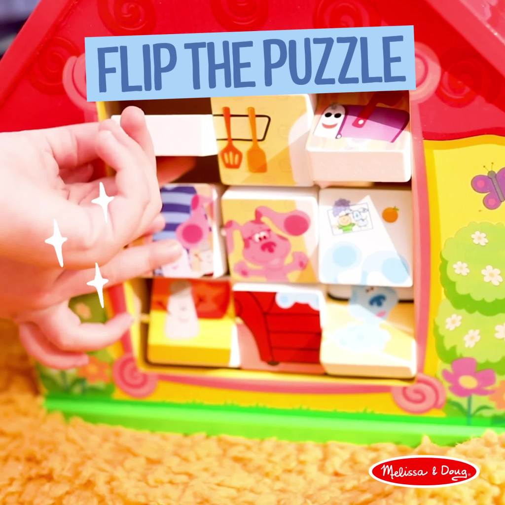 thumbnail video image 2 of Melissa & Doug Blue's Clues & You! Wooden Take-Along House Shape Sorter Activity Play Set (8 Pieces), 2 of 12