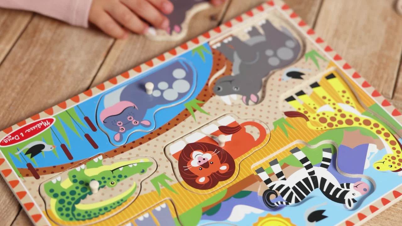 thumbnail video image 2 of Melissa & Doug Safari Wooden Peg Puzzle (7 pcs), 2 of 10