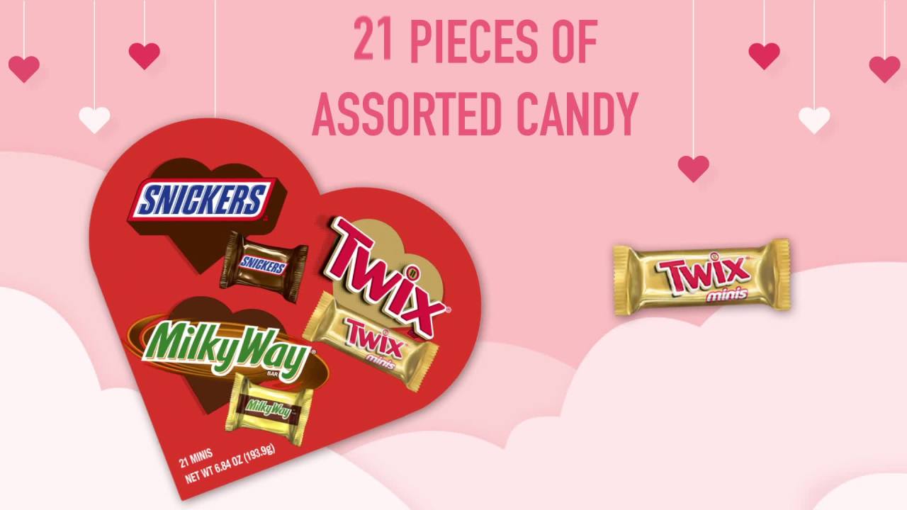 thumbnail video image 2 of Snickers, Twix & Milky Way Minis Valentine's Chocolate Candy Heart Gift Box - 21 Ct, 2 of 13