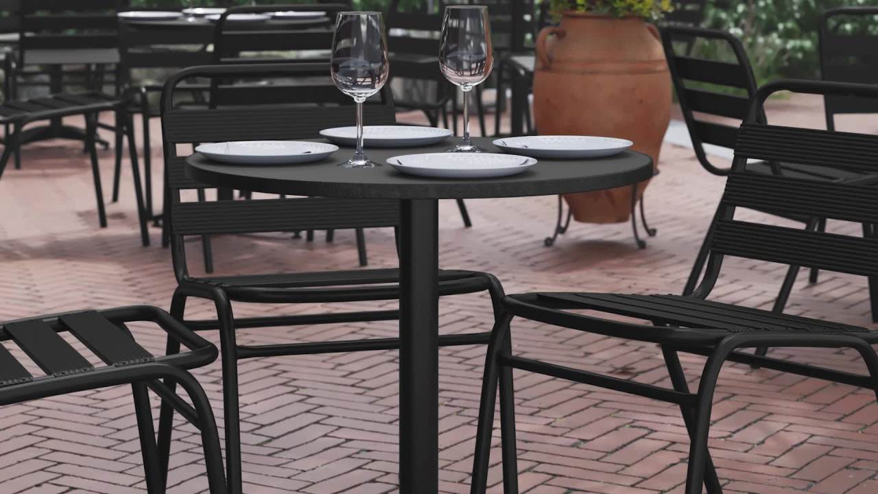 thumbnail video image 2 of Flash Furniture Mellie 27.5'' Black Round Metal Indoor-Outdoor Table with Base, 2 of 13