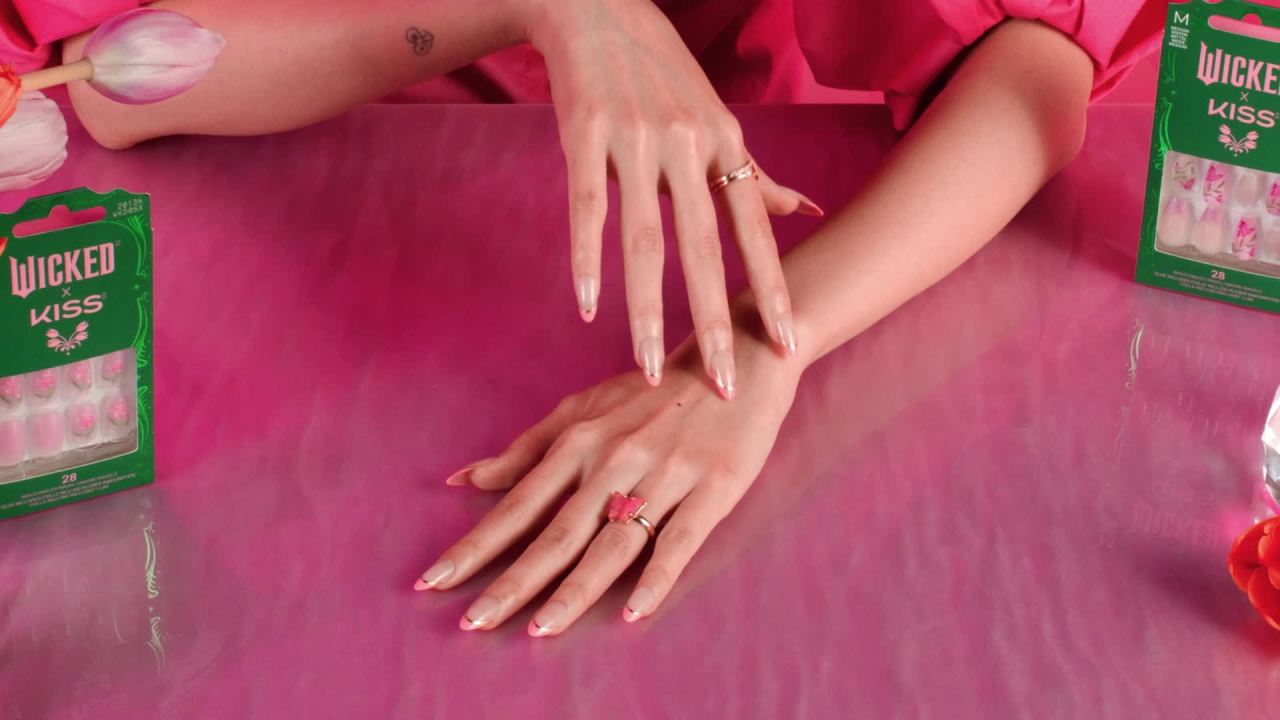 thumbnail video image 2 of WICKED x KISS Press on Nails, There's Joy, Beige, Short Oval, 28 Count, 2 of 13