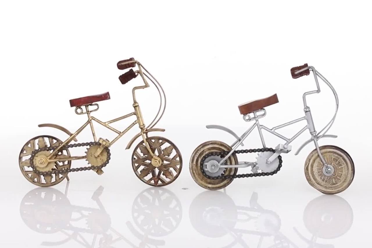 thumbnail video image 2 of 4"W, 8"H Multi Colored Metal Bike Sculpture with Wood Wheels, by DecMode (2 Count), 2 of 11