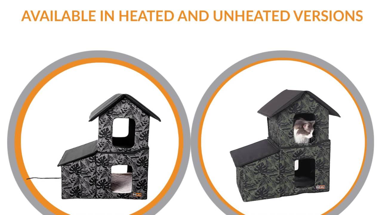 thumbnail video image 2 of K&H Pet Products Two-Story Outdoor Kitty House with Dining Room Unheated Green Leaf 22 X 27 X 27 Inches, 2 of 9