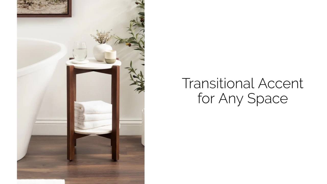 thumbnail video image 2 of Kate and Laurel Moxley Transitional Round Side Table, 16 x 16 x 22, White Marble and Walnut Brown, Tiered Pedestal Table with Authentic Marble Tabletops for Bedroom Nightstand or Indoor Plant Stand, 2 of 11