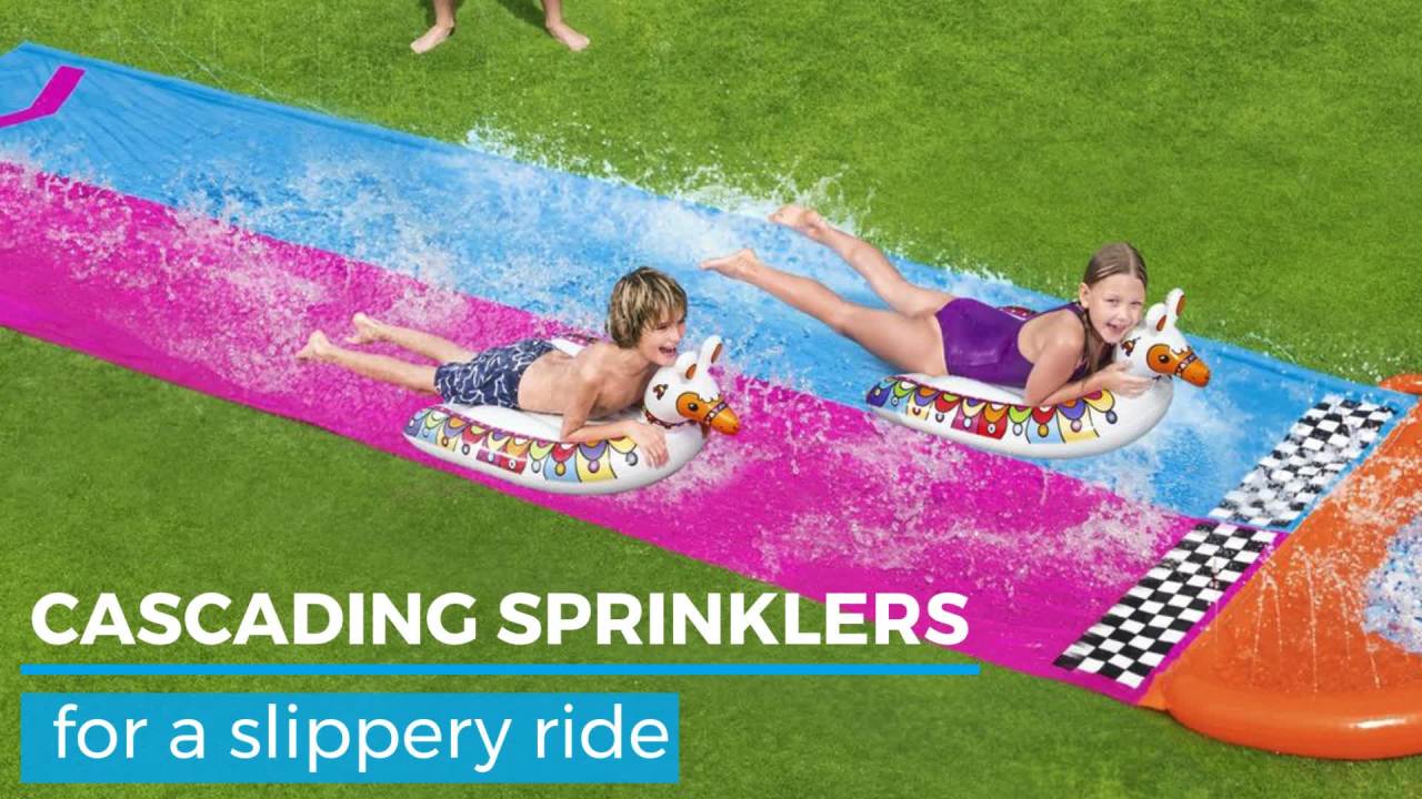 thumbnail video image 2 of H2OGO! Llama Rama 16' Double Race Water Slide with Two Surf Riders, 2 of 9