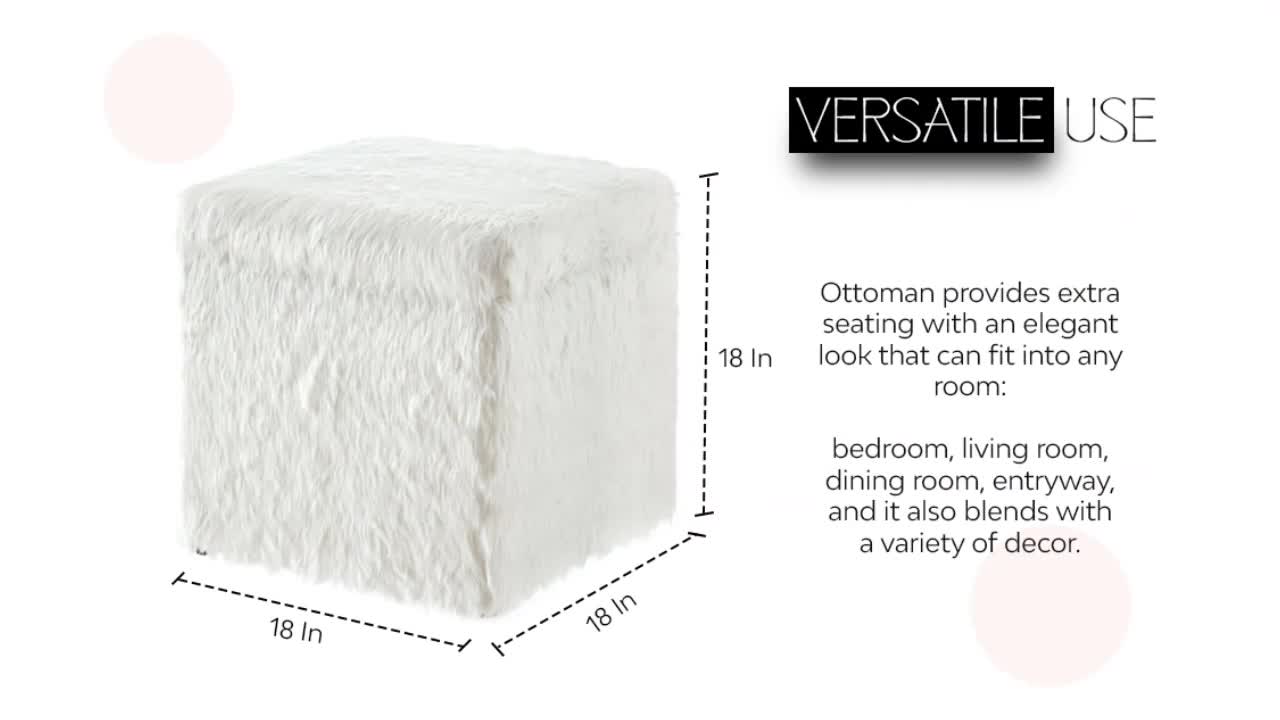 thumbnail video image 2 of Inspired Home Alaina Faux Fur Ottoman Storage Space Cube Shaped Serving Tray Top, White, 2 of 9