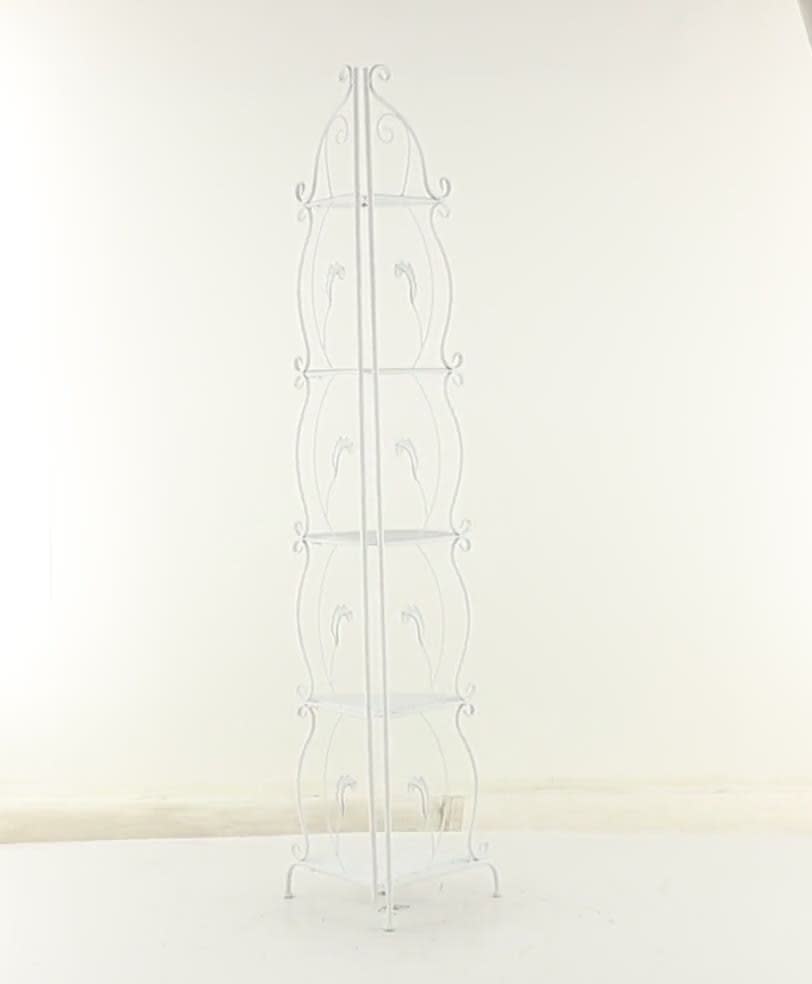 thumbnail video image 2 of DecMode 16" x 71" White Metal Scroll Indoor Outdoor Tall Folding 5 Shelves Bakers Rack, 1-Piece, 2 of 9