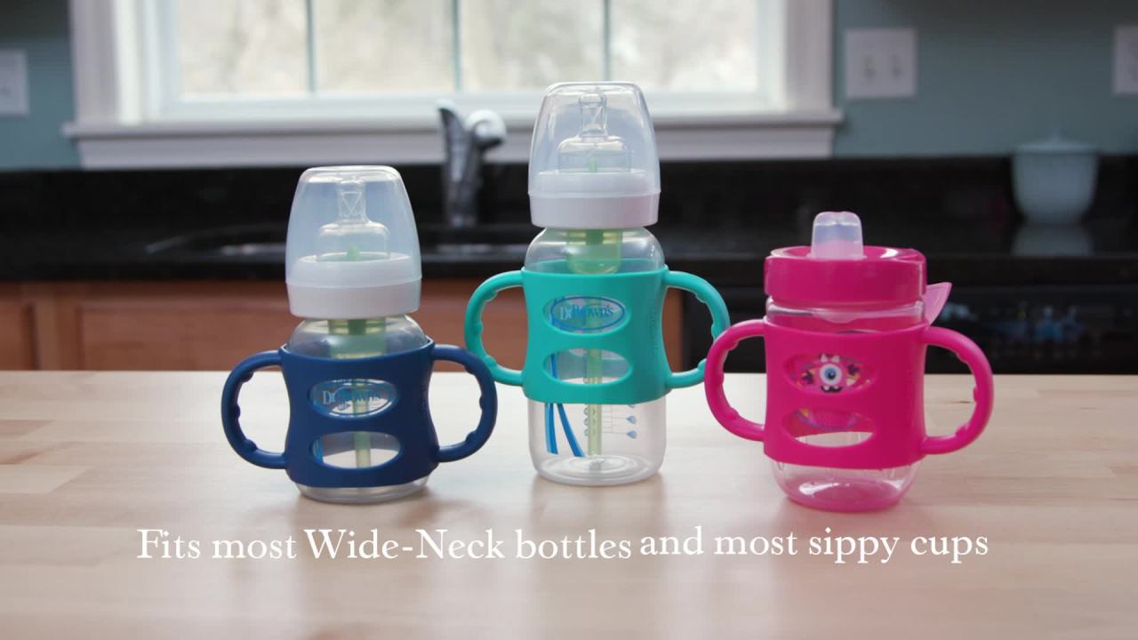 thumbnail video image 3 of Dr. Brown's Milestones Wide-Neck Baby Bottle Handles, 100% Silicone, Light Pink, 4 Months+, 1-Pack, 3 of 11