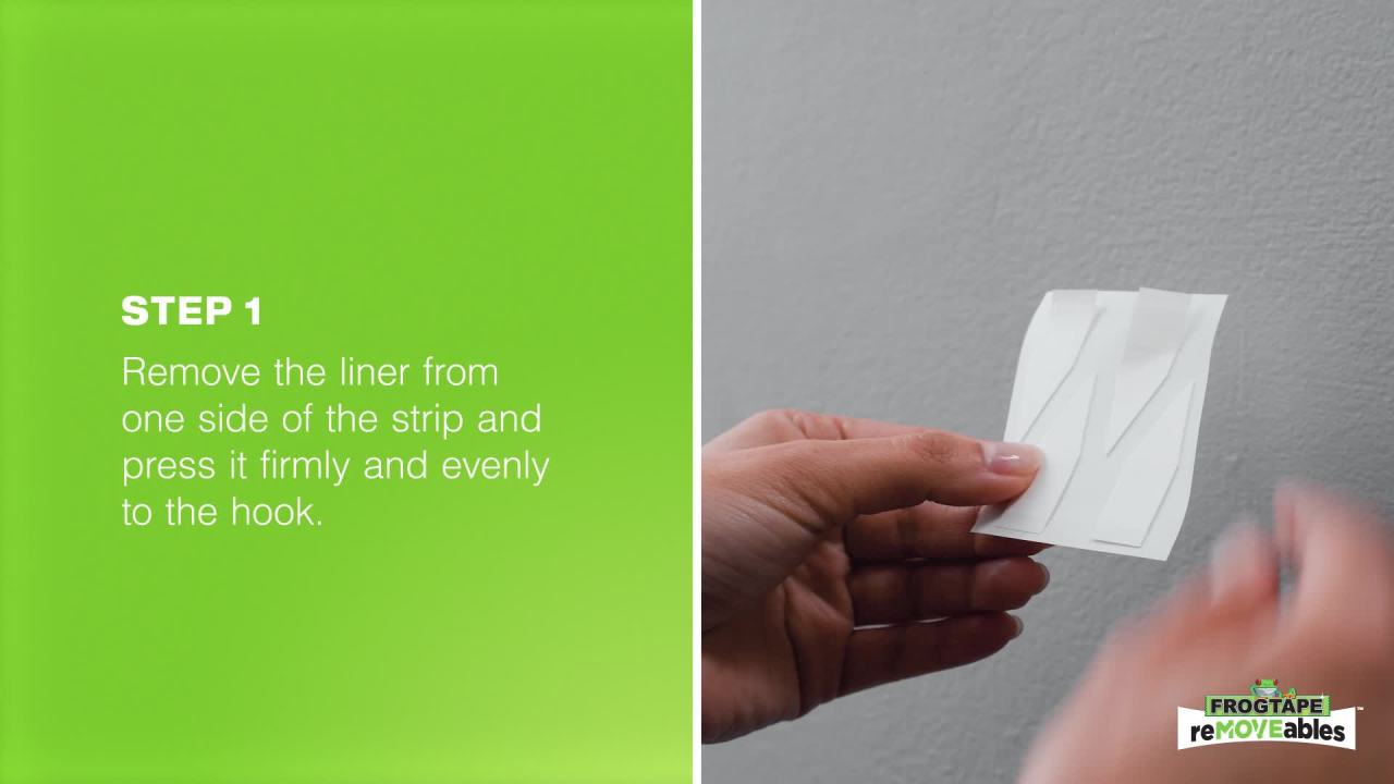 thumbnail video image 2 of FrogTape reMOVEables Mini White Hooks, 24 Hooks and 32 Adhesive Strips, 2 of 12