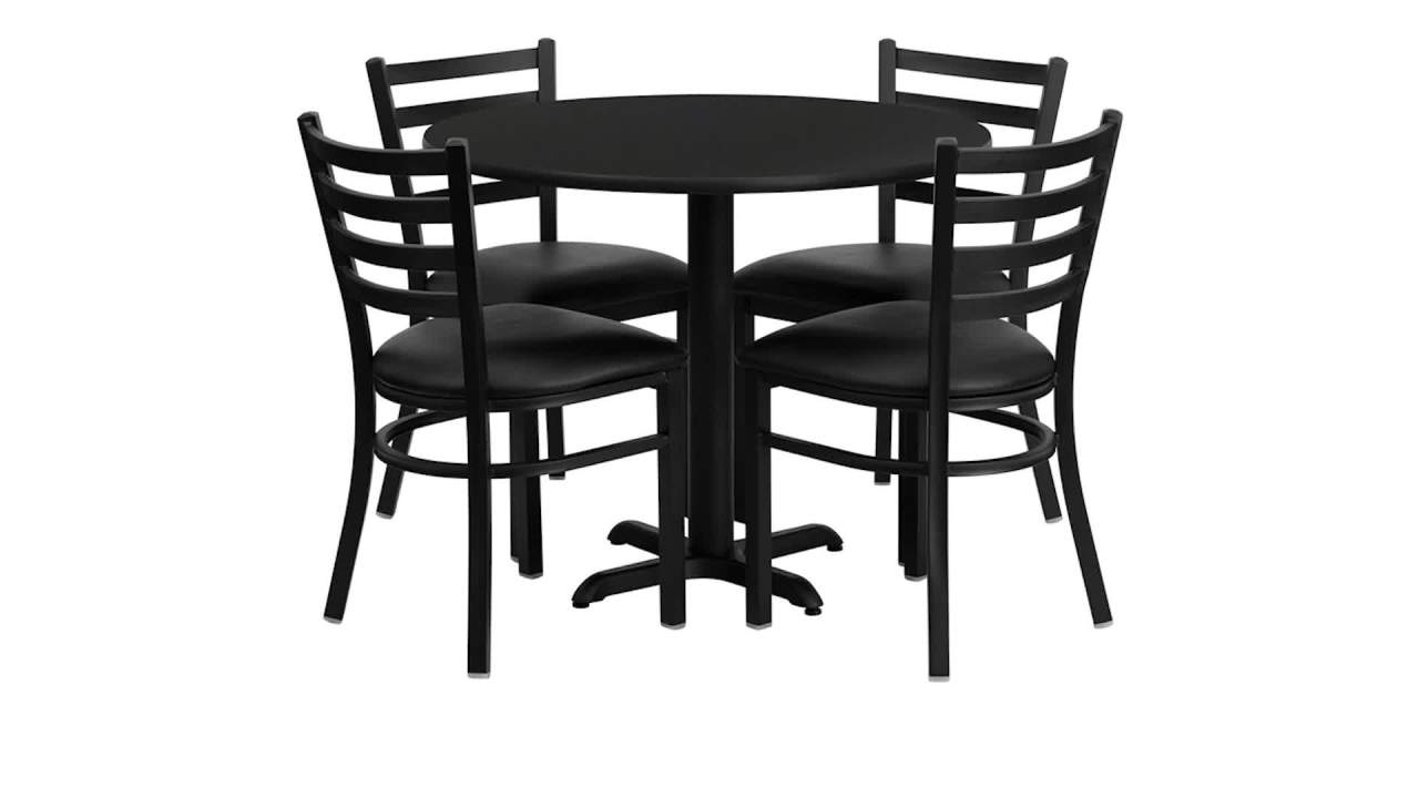 thumbnail video image 2 of Flash Furniture 36'' Round Mahogany Laminate Table Set with X-Base and 4 Ladder Back Metal Chairs - Black Vinyl Seat, 2 of 4