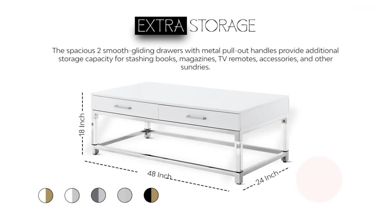 thumbnail video image 2 of Inspired Home Alena Coffee Table 2 Drawers High Gloss Acrylic Legs Gold Stainless Steel Base Modern Design, White/Gold, 2 of 10