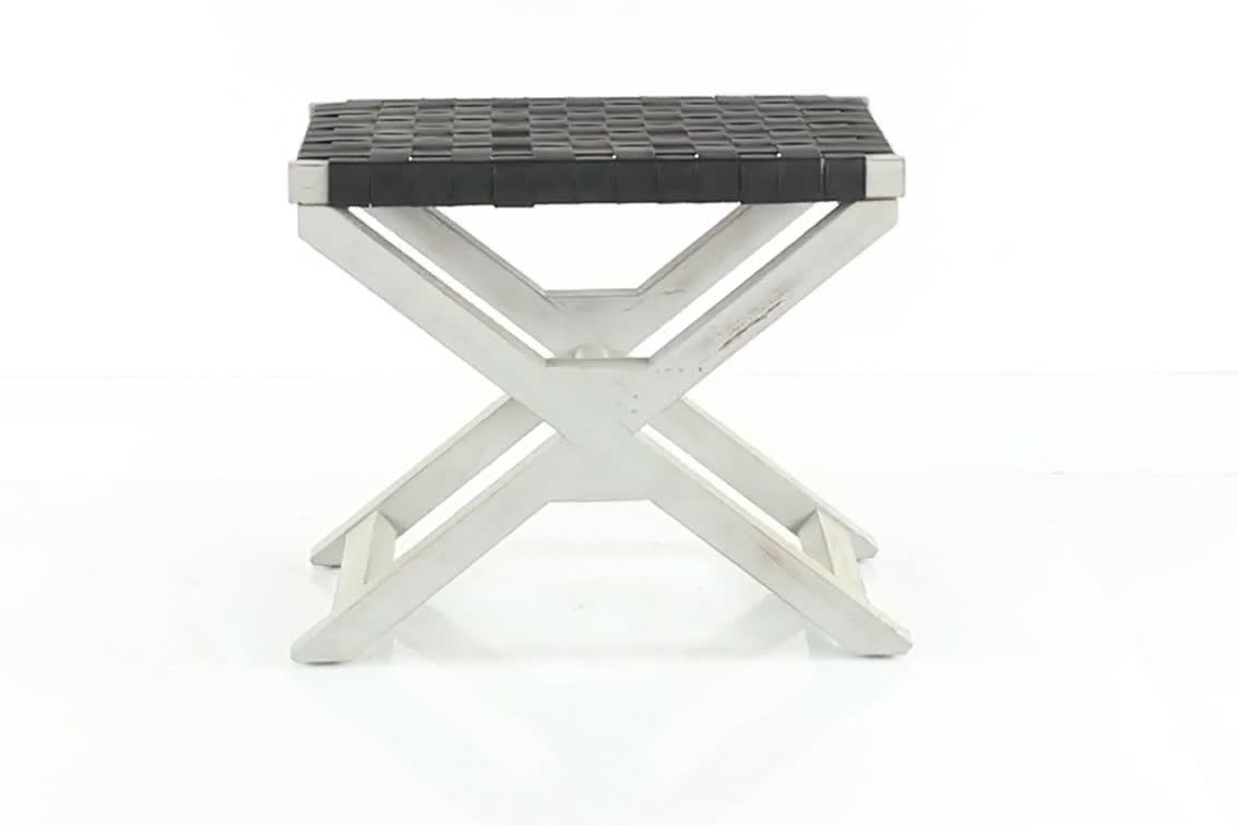 thumbnail video image 2 of DecMode Farmhouse Pine Weave Patterned Rectangular Stool with Black Seat and White Distressed Finish, 23"W x 20"H, 2 of 9