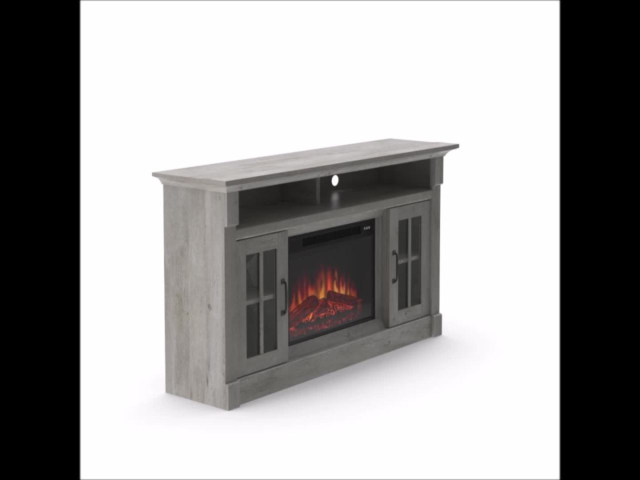 thumbnail video image 2 of Sauder Rustic Fireplace TV Stand, for TVs up to 50", Mystic Oak Finish, 2 of 17
