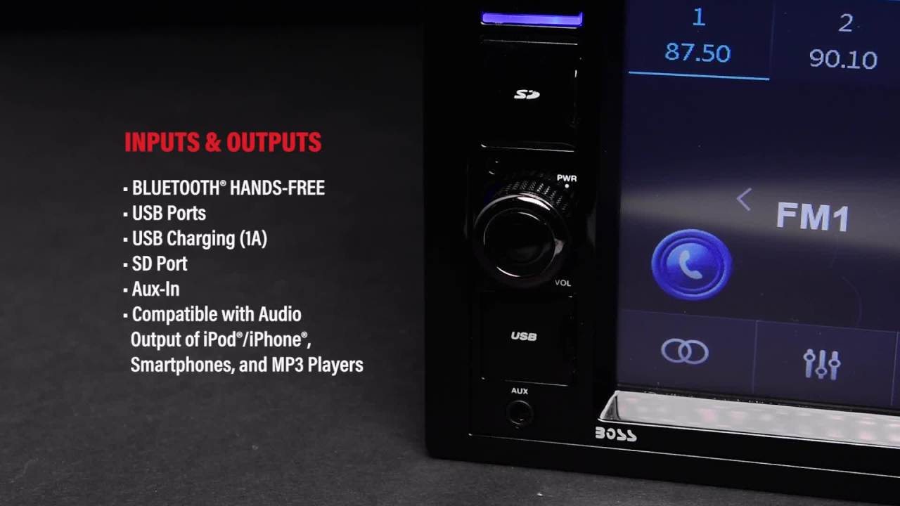 thumbnail video image 2 of Restored Premium BOSS Audio Systems BV9364B Car Audio Stereo System – 6.2 Inch Double Din, Touchscreen LCD, Bluetooth Audio and Calling Head Unit, Auxin, USB, SD, CD Player, AM/FM Radio (Refurbished), 2 of 7