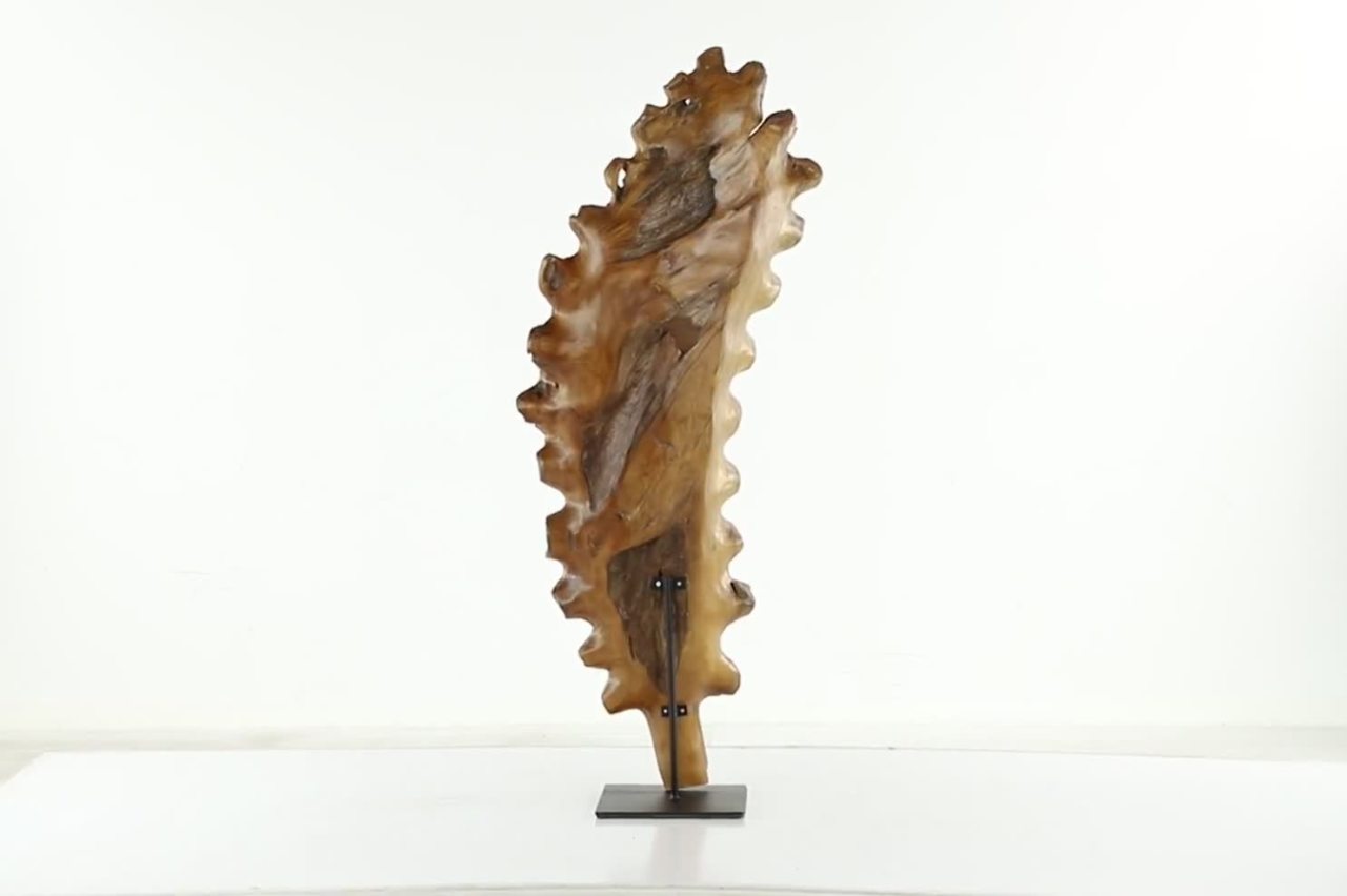thumbnail video image 2 of 21" x 46" Brown Teak Wood Handmade Leaf Sculpture, by DecMode, 2 of 11