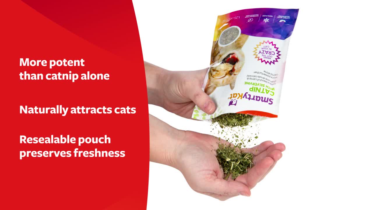 thumbnail video image 2 of SmartyKat Catnip & Silvervine 35 g Natural Blend Cat Toy with Resealable Pouch, Assorted, 2 of 7