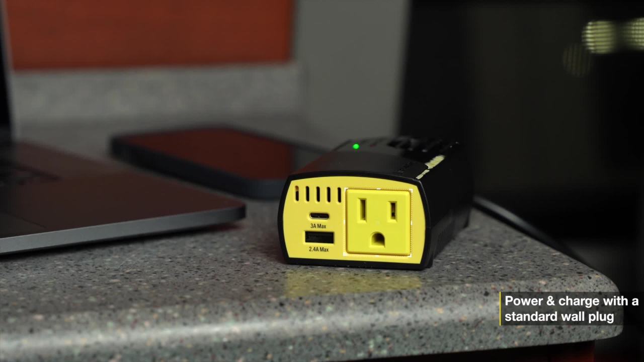 thumbnail video image 2 of Scosche PI150M Invert150 150W Mobile Power Inverter 1 AC Outlet, 2 USB Ports, 12V Car Adapter New, 2 of 8