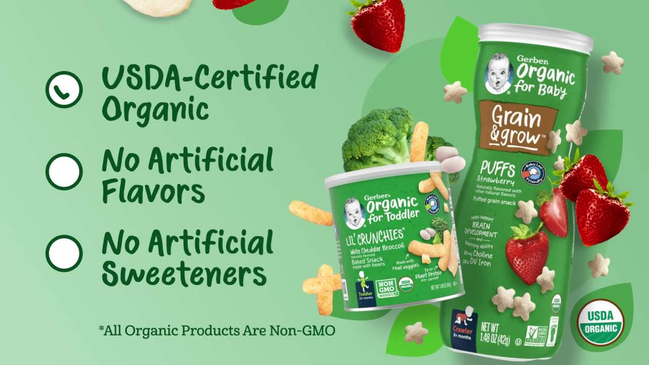 thumbnail video image 2 of Gerber Organic Toddler Baby Snacks, Organic Lil Crunchies, Berry-licious Blend, 1.59 Ounce, 2 of 9