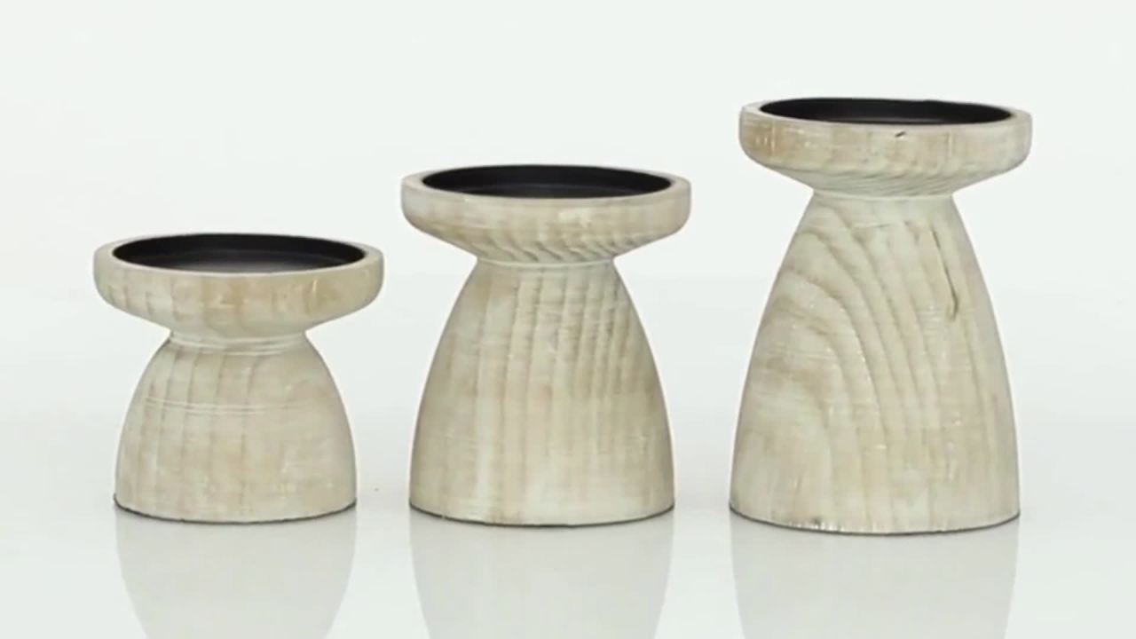 thumbnail video image 2 of DecMode 3 Candle Brown Wood Short Whitewashed Candle Holder, Set of 3, 2 of 12