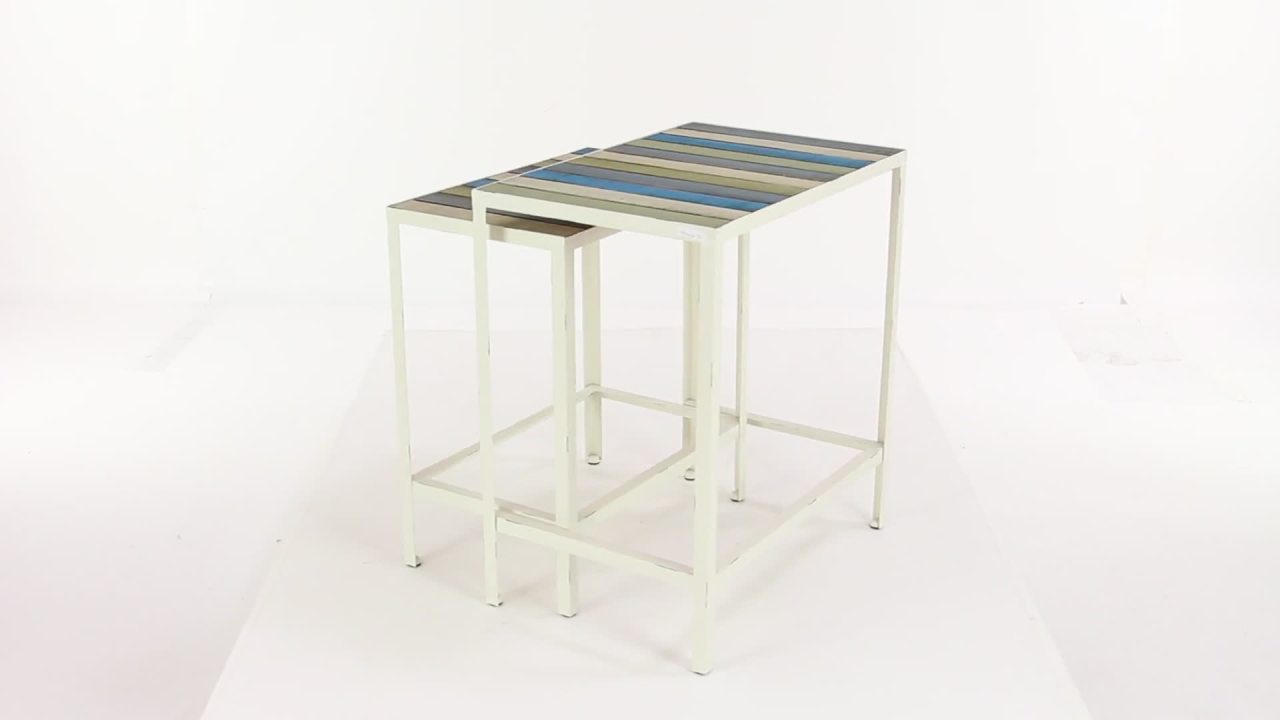 thumbnail video image 2 of Decmode - Set of 2 contemporary 24 and 26 inch rectangular iron and fir wood slat style nesting accent tables, 2 of 6