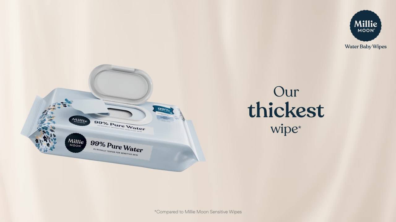 thumbnail video image 2 of Millie Moon 99% Pure Water Baby Wipes, 576 Count (Select for More Options), 2 of 8