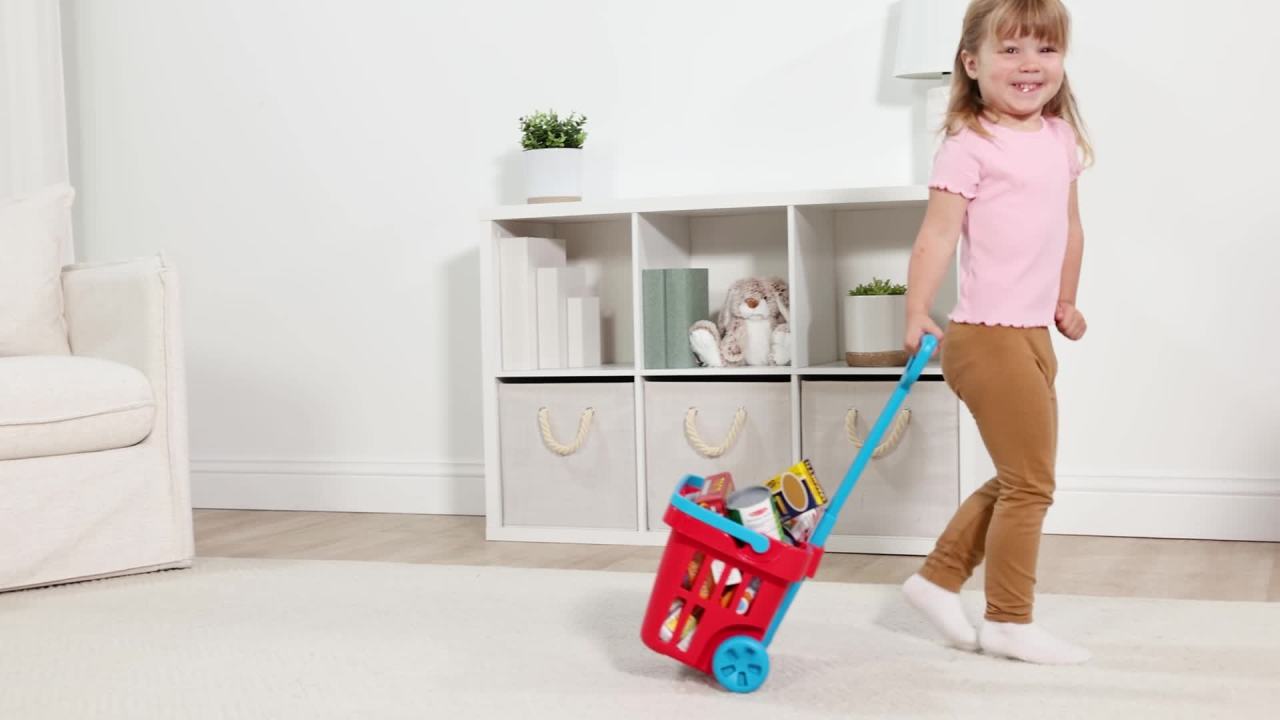 thumbnail video image 2 of Melissa & Doug Fill and Roll Grocery Basket Play Set With Play Food Boxes and Cans (11 pcs), 2 of 10