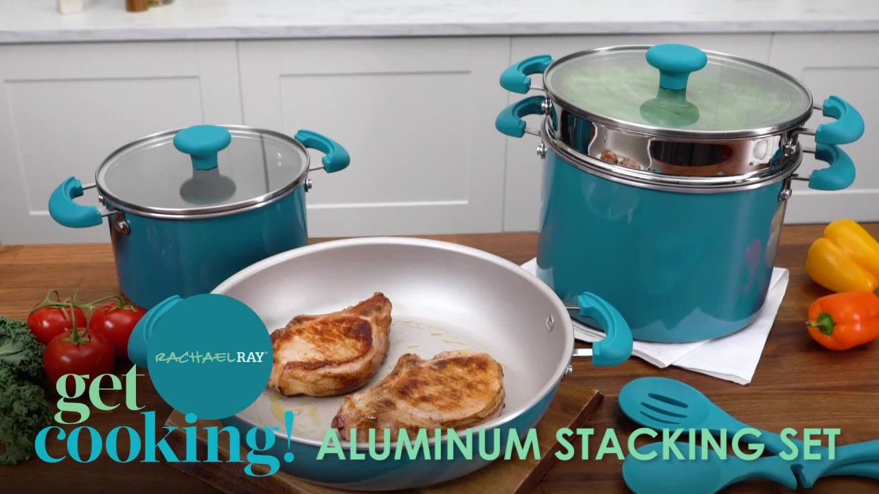 thumbnail video image 2 of Rachael Ray 8 Piece Get Cooking! Stackable Nonstick Pots and Pans, Turquoise, 2 of 8